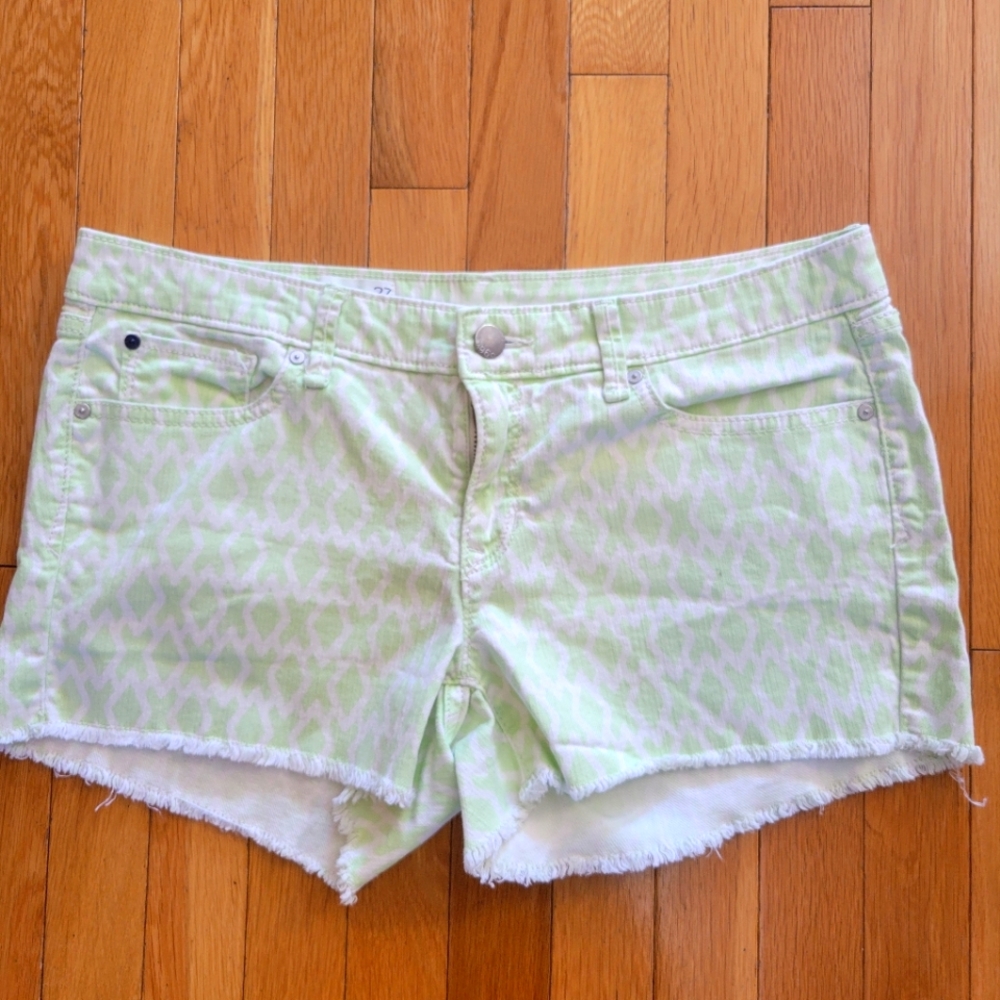 5/$20 GAP summer cut-off denim shorts frayed hem lime green white print 27